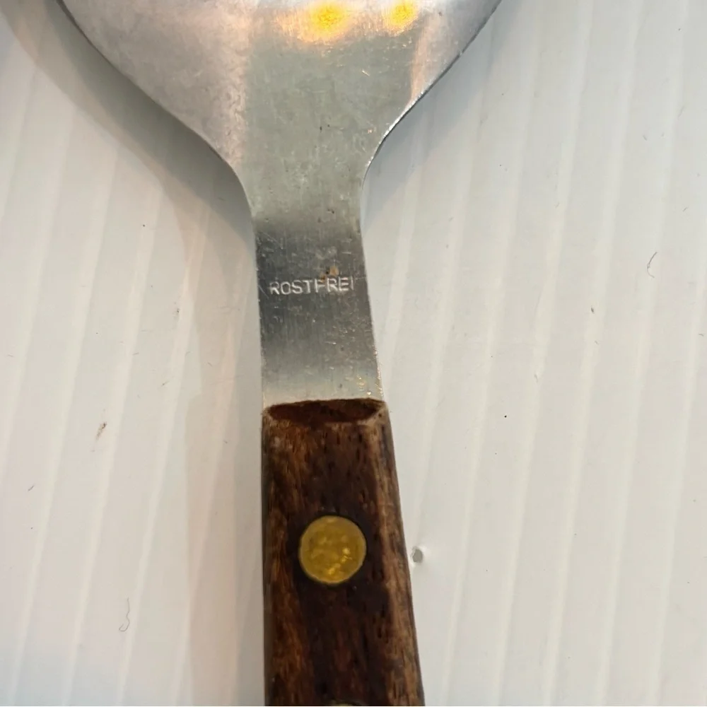 Vintage Salad Serving Set Wood Handle Stainless Rostfrei German MCM 11.5”
